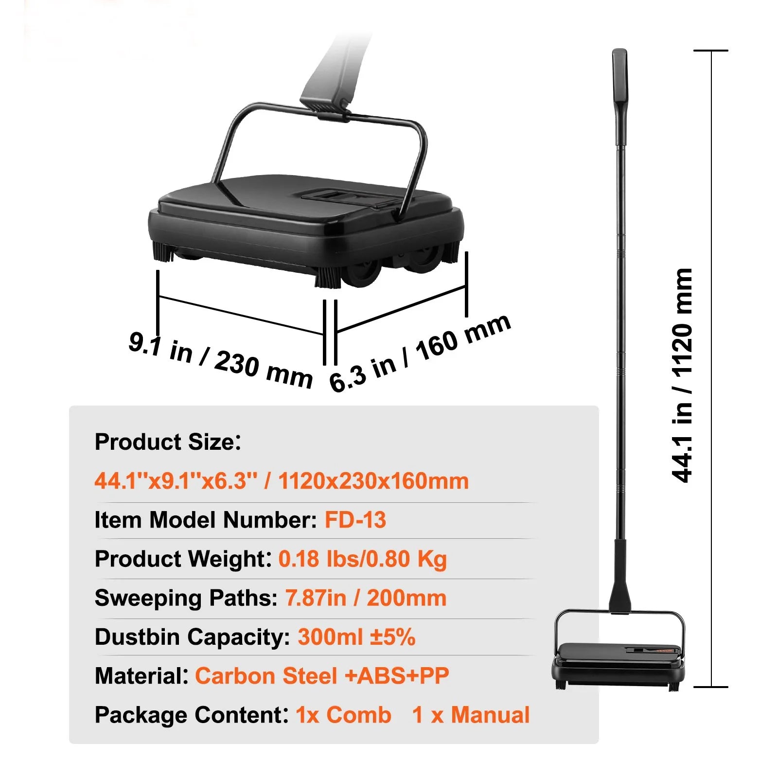 VEVOR Manual Carpet Sweeper – 7.87" Path, Non-Electric Floor Cleaner for Rugs, Hardwood & Pet Hair
