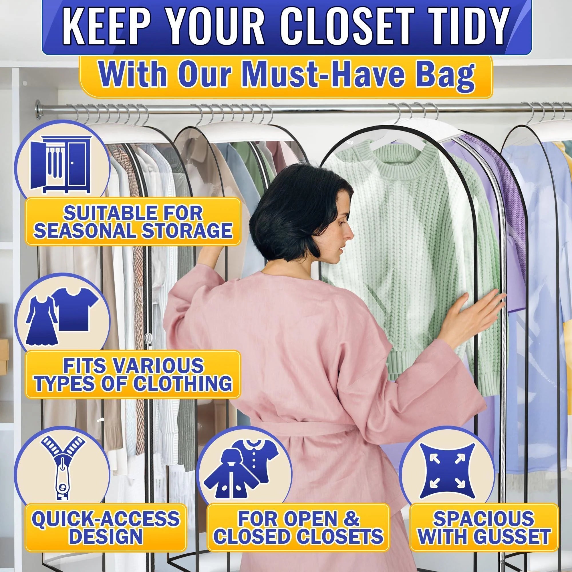 Clear Hanging Garment Bags (4-Pack) – Dustproof Clothing Storage with Easy-Access Side Zippers