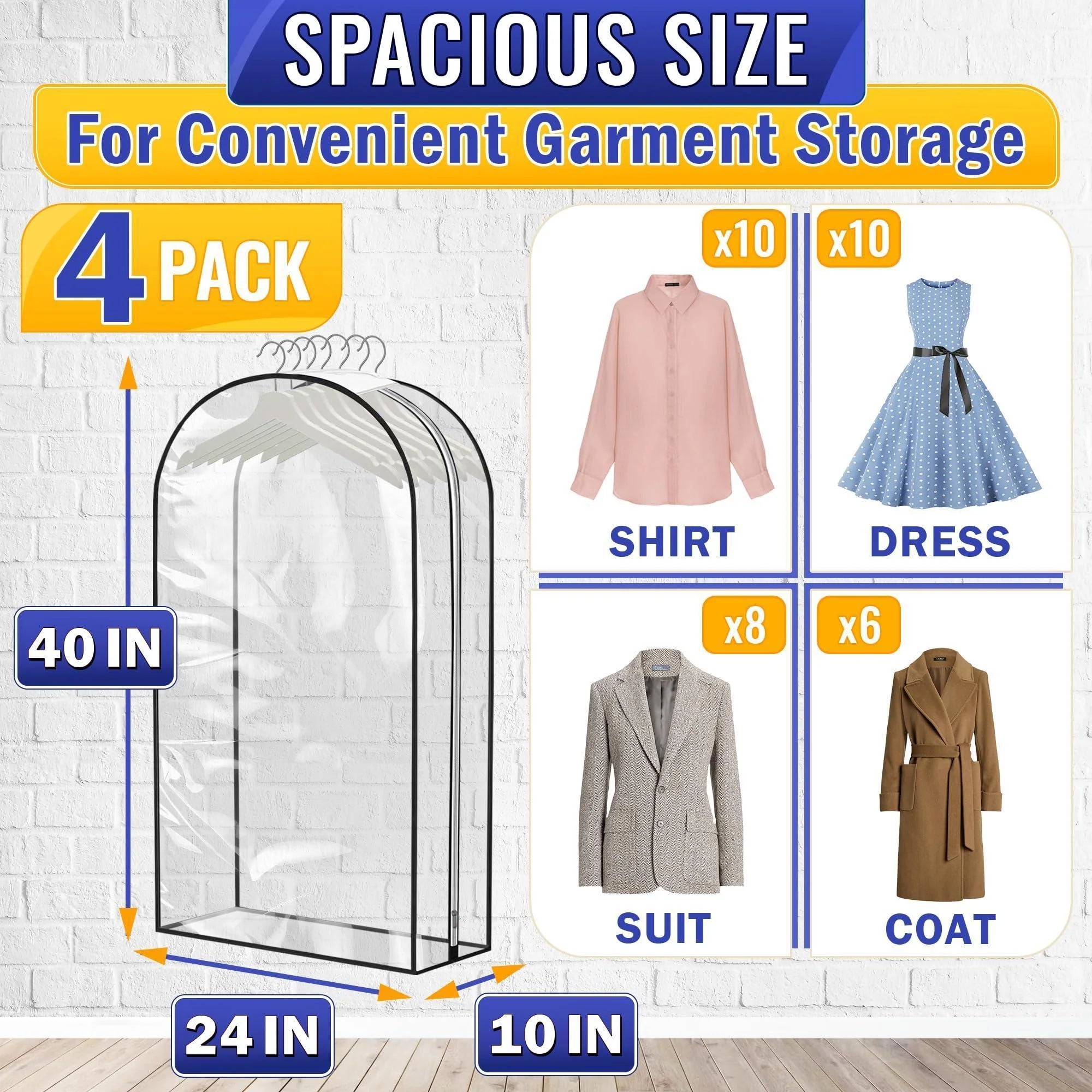 Clear Hanging Garment Bags (4-Pack) – Dustproof Clothing Storage with Easy-Access Side Zippers